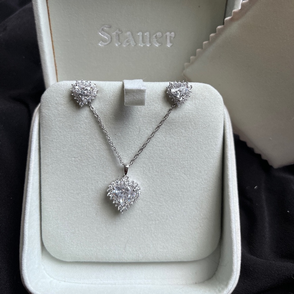 Heart Shaped DiamondAura 925 Sterling Silver Necklace and Earring Set by Stauer